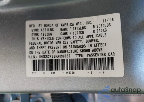 2017 Honda Accord Sport из США, поврежденный, VIN 1HGCR2F53HA098952